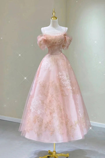 A Line Pink Tulle Lace Off The Shoulder Prom Dresses, Formal Evening Dress HZ1023
